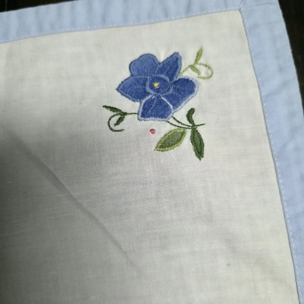 MCM Hand Embroidered Blue Rose Placemats Cotton Linen Table Linens Set of 7